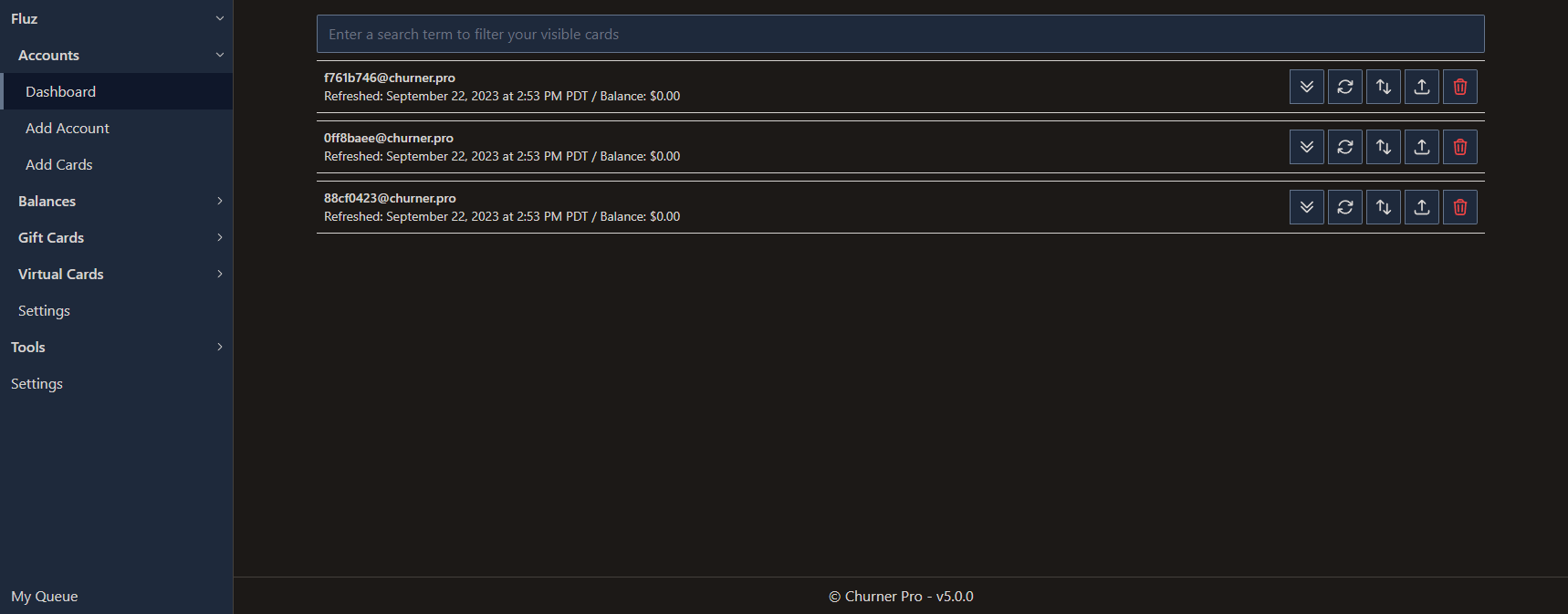 A view of the accounts dashboard with all accounts collapsed