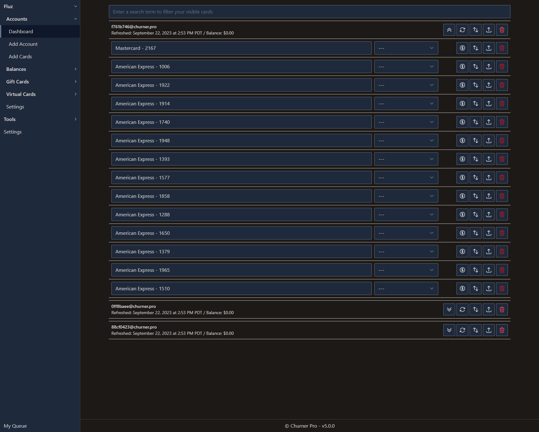 A view of the accounts dashboard with an account expanded