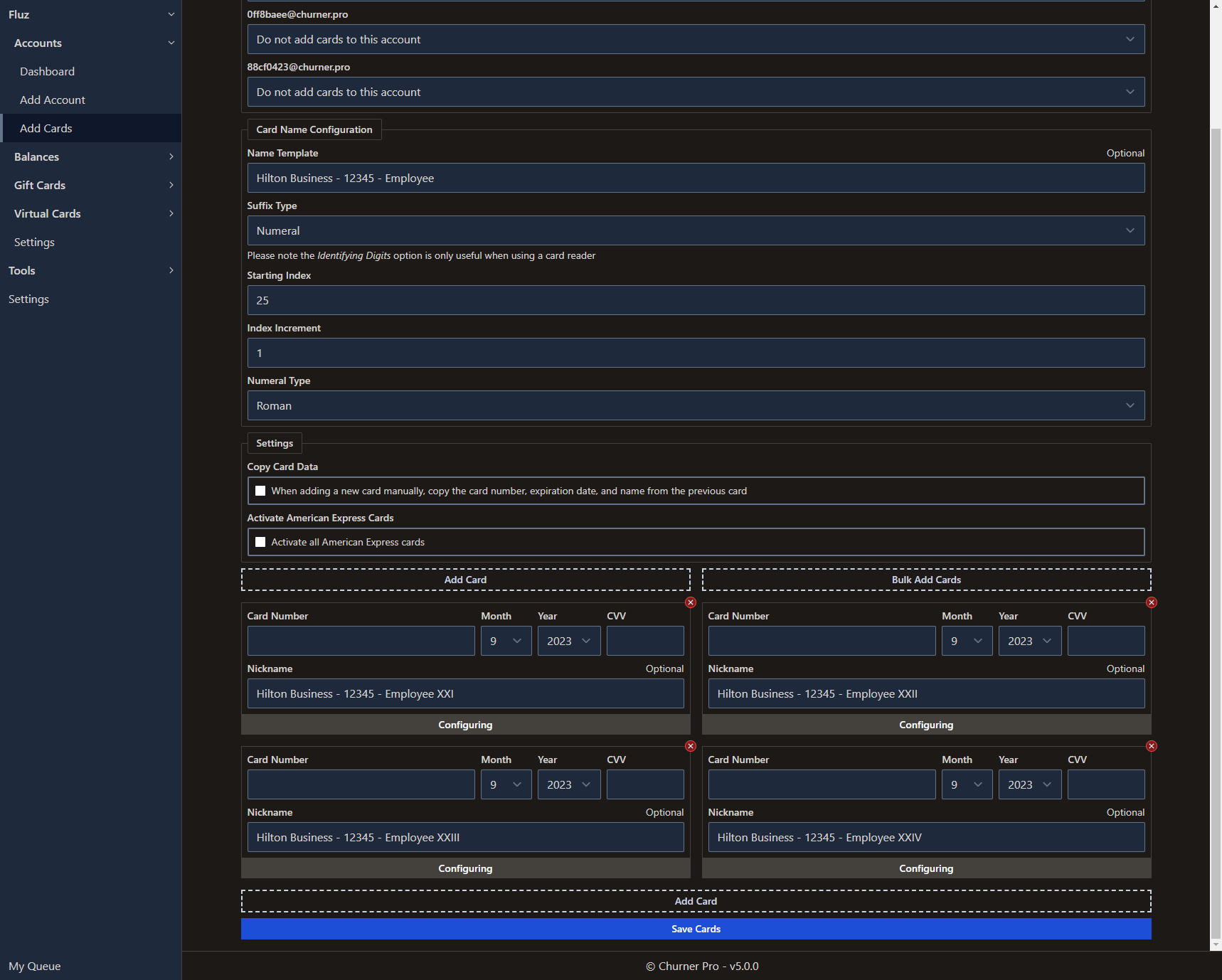 A view of the add cards page after adding four cards