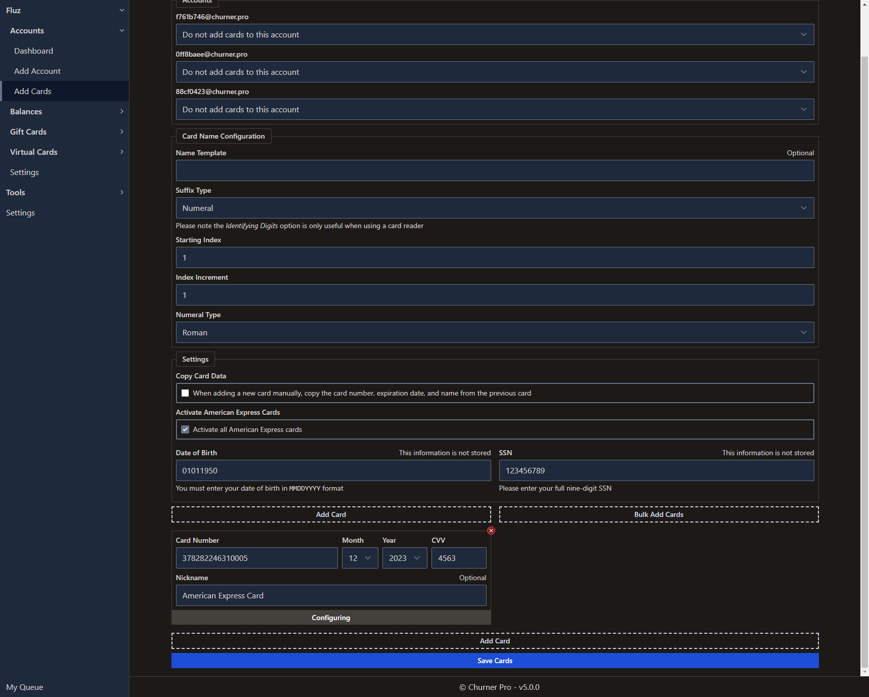 A view of the add cards after specifying that American Express cards should be activated