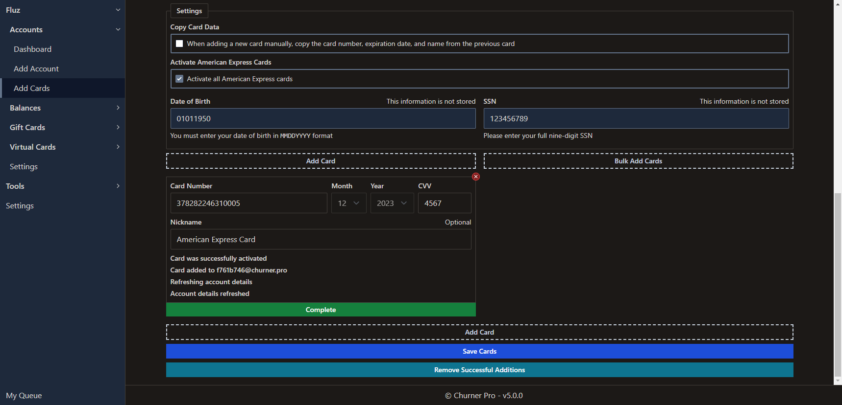 A view of the add cards after specifying that American Express cards should be activated