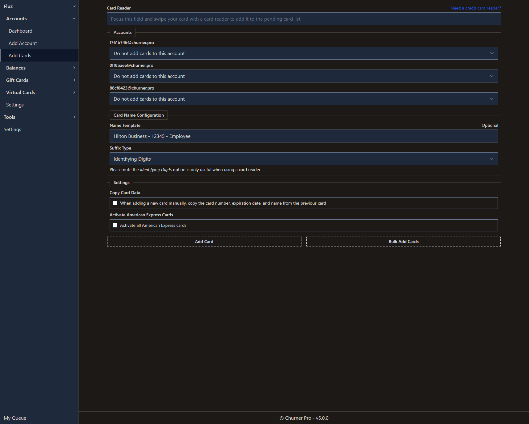 A view of the add cards page after card names have been configured