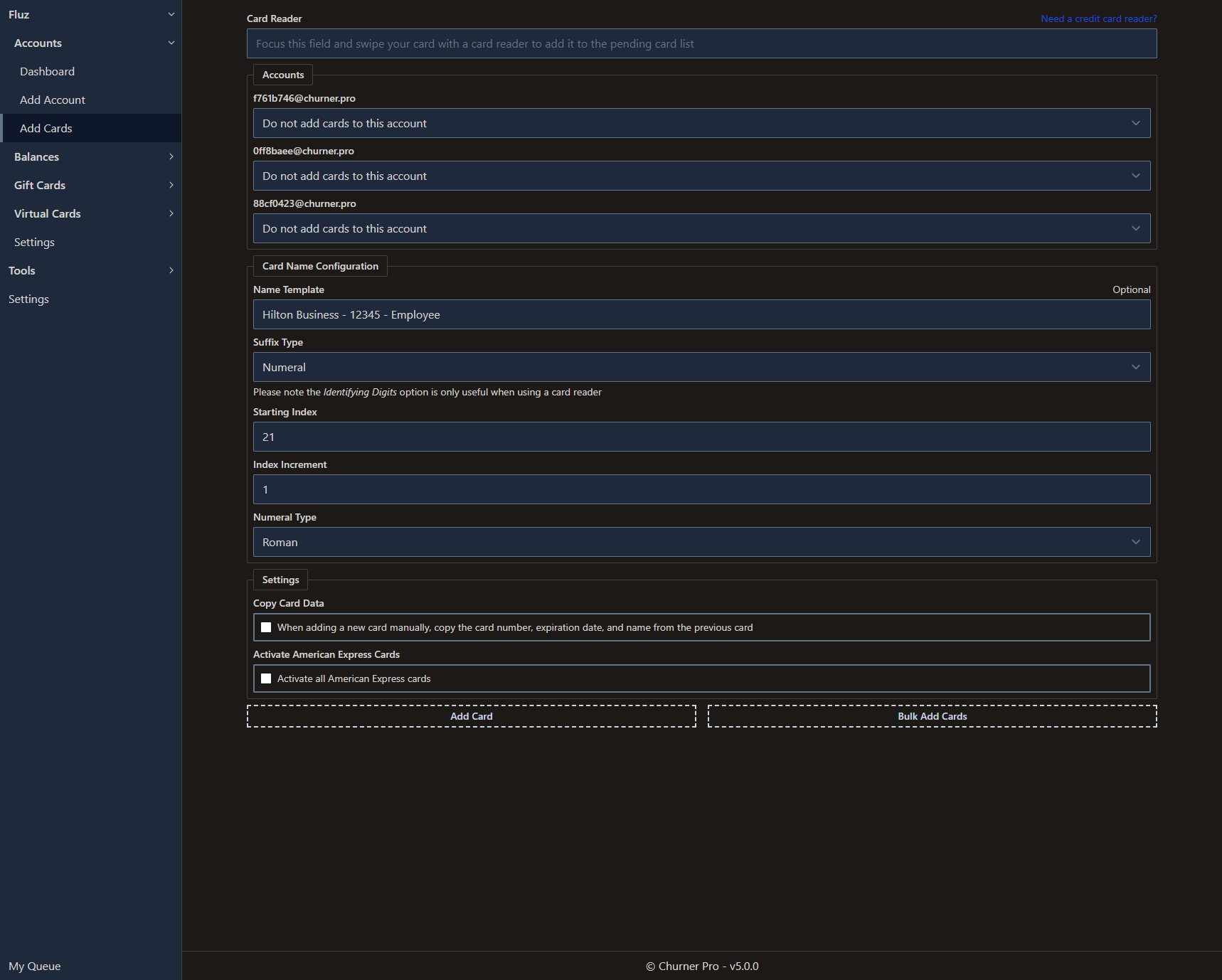 A view of the add cards page after card names have been configured