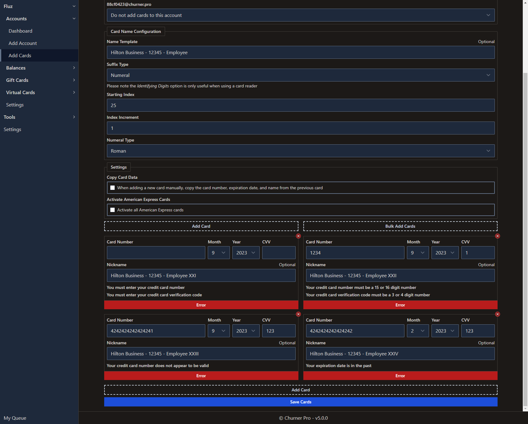 A view of the add cards page after adding four cards and submitting with errors