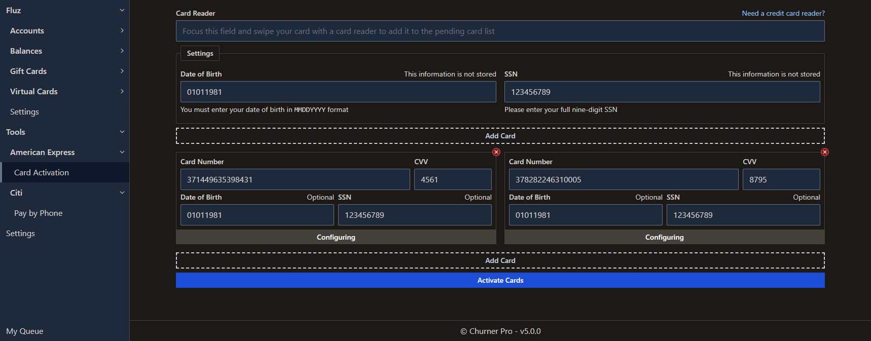 Cards configured for activation