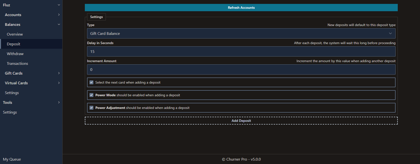 The deposits screen before adding any configurations