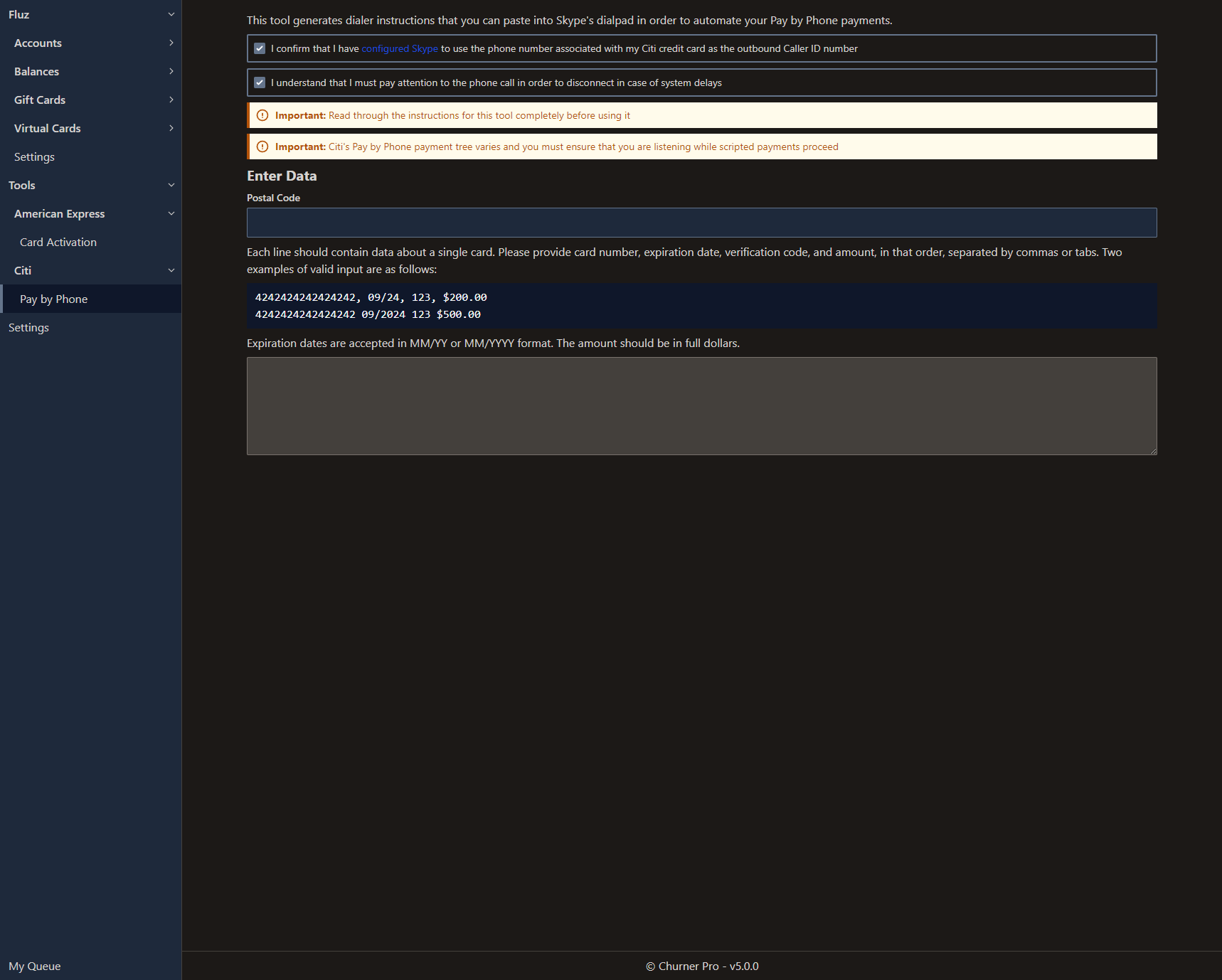 The initial display of the Citi - Pay by Phone tool after agreeing to the conditions