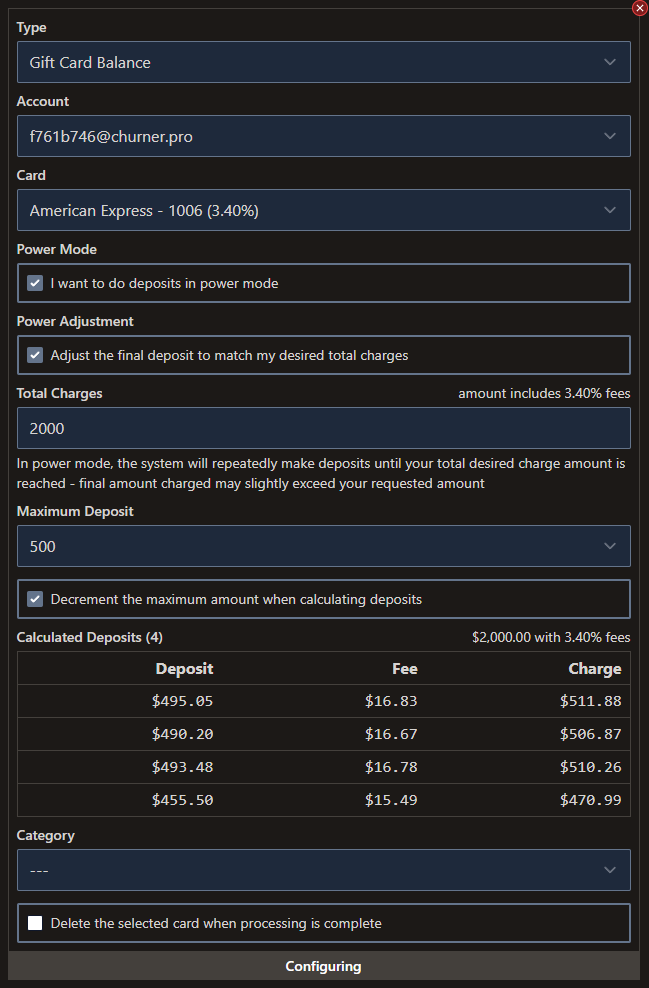 A single deposit with all configuration options shown