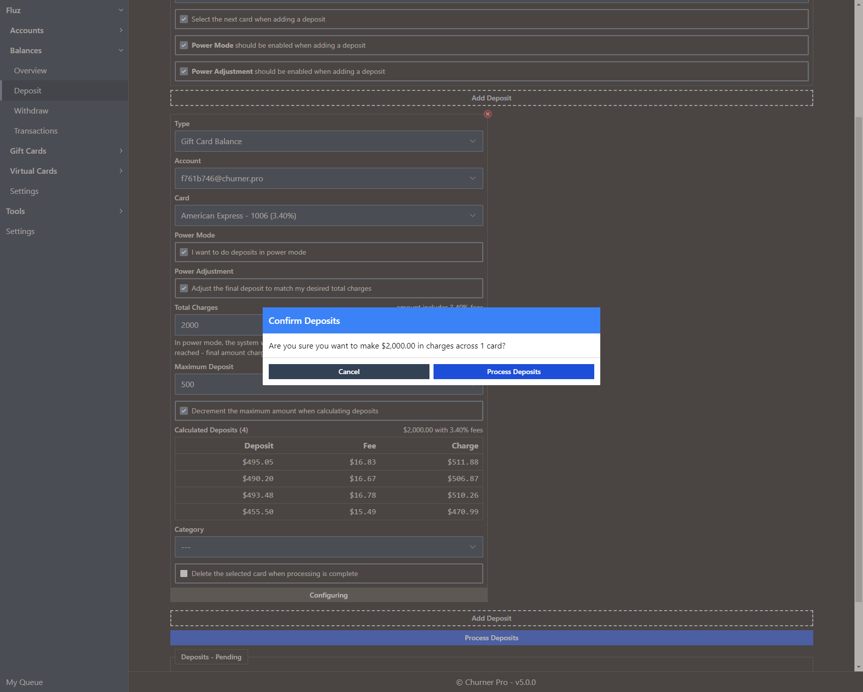 The confirmation modal for deposits