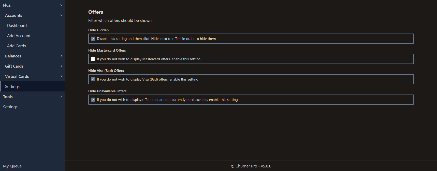 A view of the add cards page after adding four cards