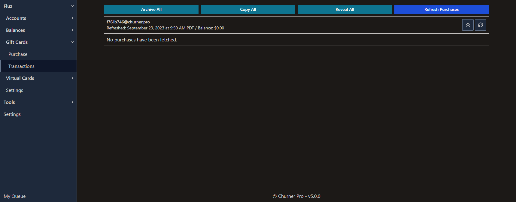 The gift card transactions screen before it has been refreshed