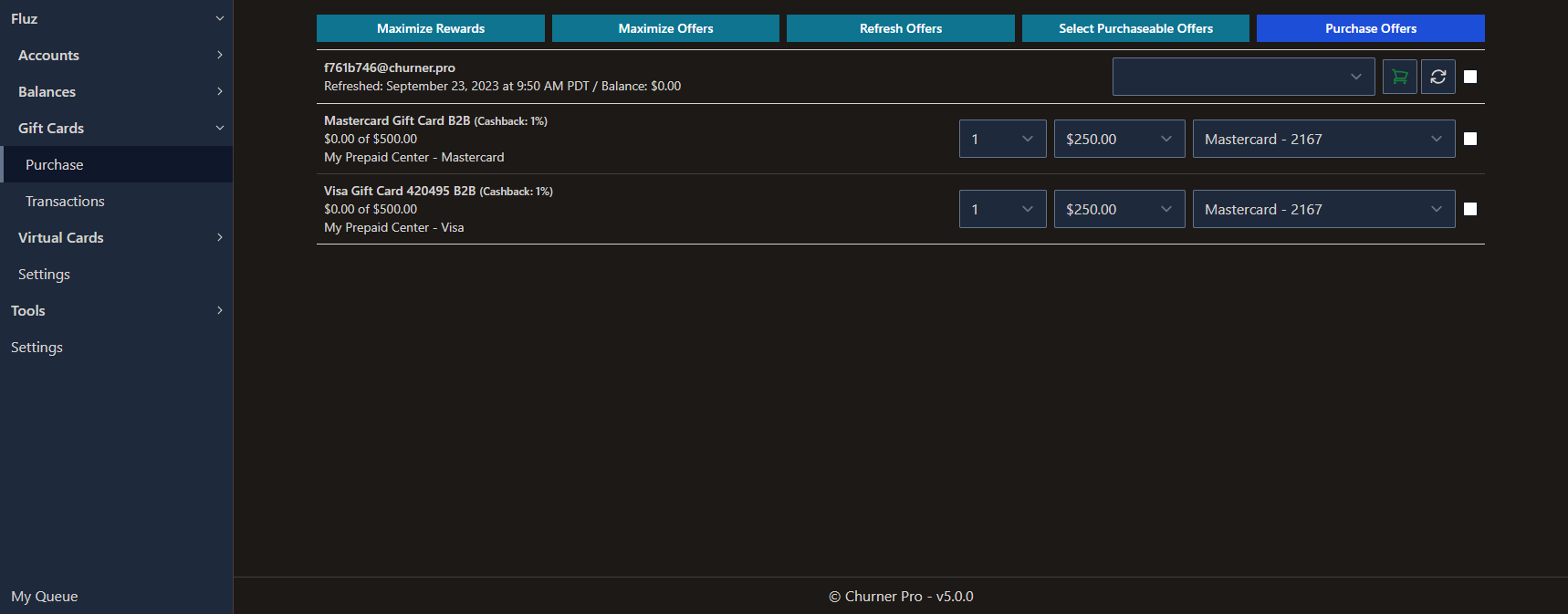 A view of the gift cards interface when there are purchaseable gift cards