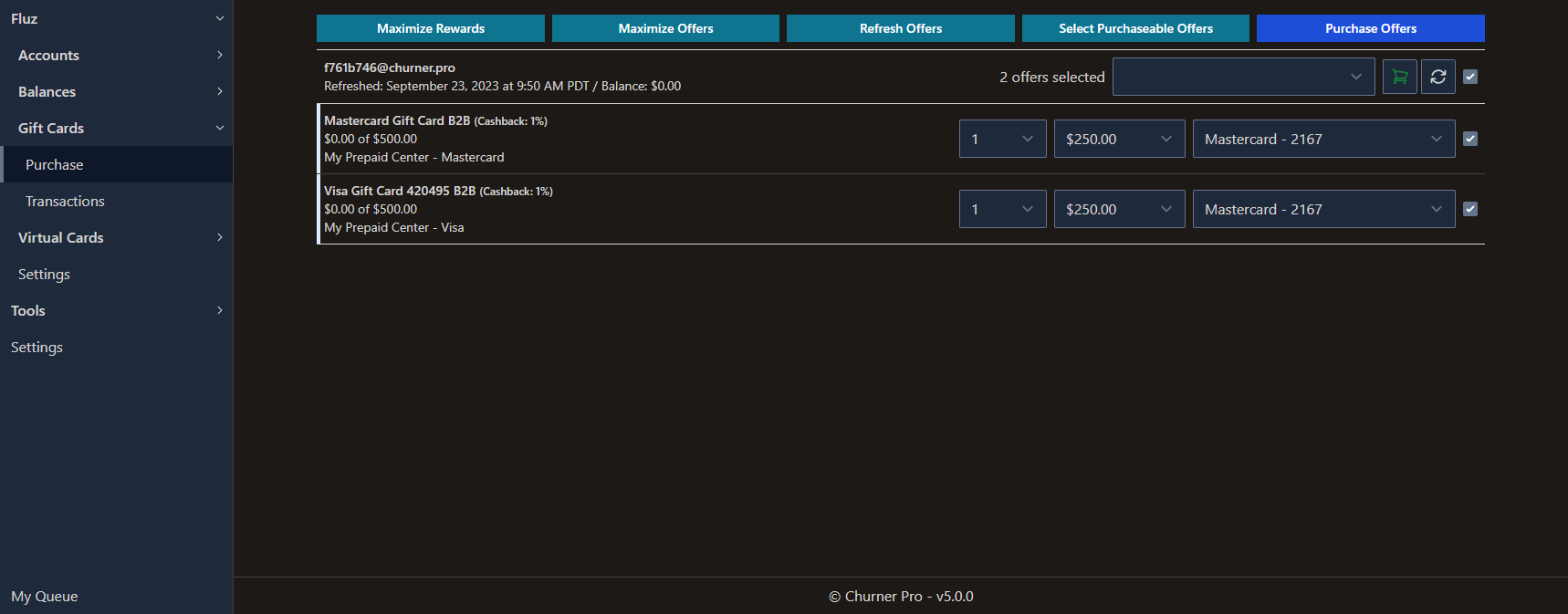 A view of the gift cards interface after selecting purchaseable gift cards