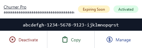 A license for Churner Pro after activation of the license with the license expiring soon
