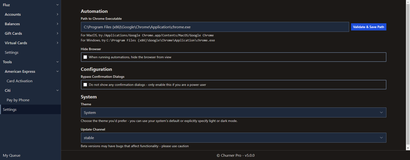 Settings page