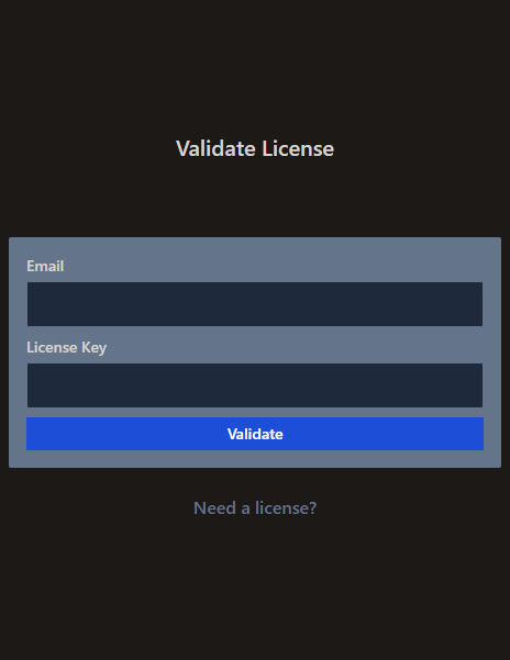 The Churner Pro validate license interface in dark mode
