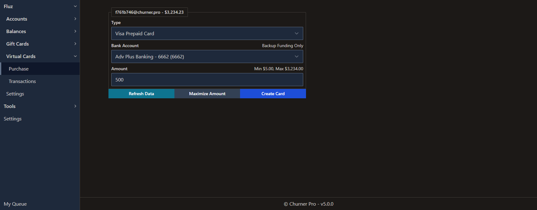 The interface to create virtual cards