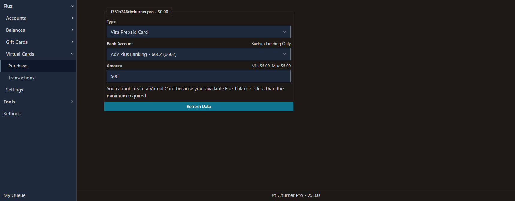 The interface to create virtual cards displaying an error