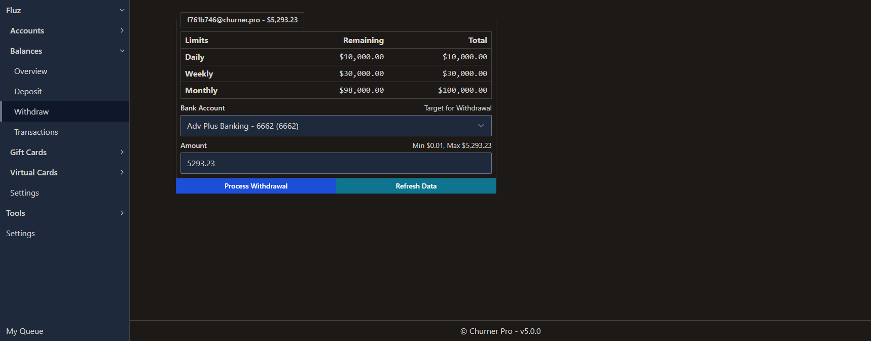 The interface to process withdrawals